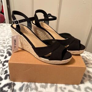 TF Star Black Espadrille Wedge Sandals with Ankle Strap